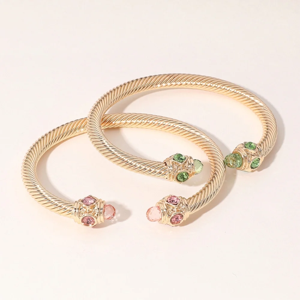 Gold 2 Piece Stone Tip Twist Rope Cable Cuff Bracelet Bangle Textured Metal